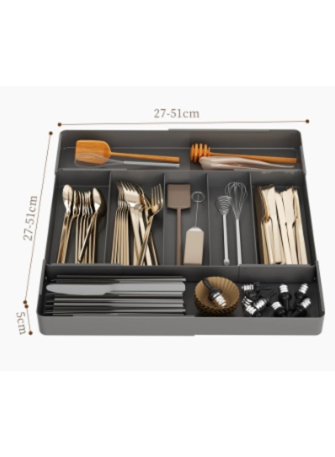 منظم أدوات المائدة للدرج، منظم أدوات مطبخ متعدد الاستخدامات قابل للتوسيع، حامل ملاعق وشوك وسكاكين خالٍ من BPA، صندوق تخزين بلاستيك قابل للتعديل (أسود) - Image 2